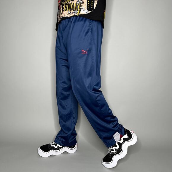 Vintage Puma Sweatpants Navy Blue Polyester Baggy Wide Leg Fit Red Logo 90s - Picture 1 of 4